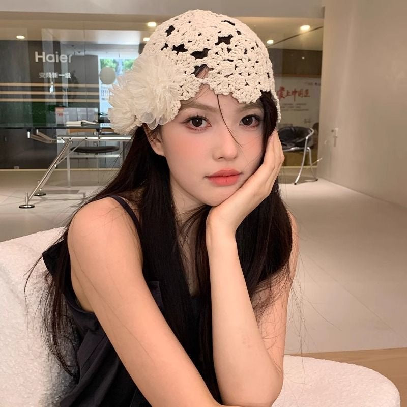 花花白云 珍珠花朵手工编织头饰帽子 Blossom Clouds Handmade Woven Headpiece Hat with Pearl Flowers