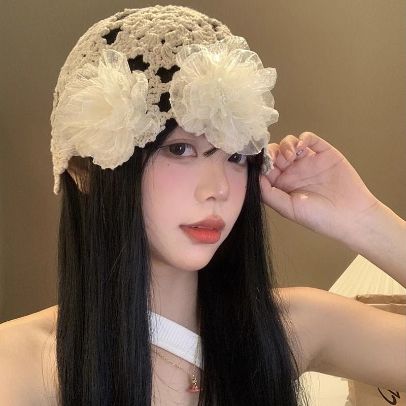 花花白云 珍珠花朵手工编织头饰帽子 Blossom Clouds Handmade Woven Headpiece Hat with Pearl Flowers