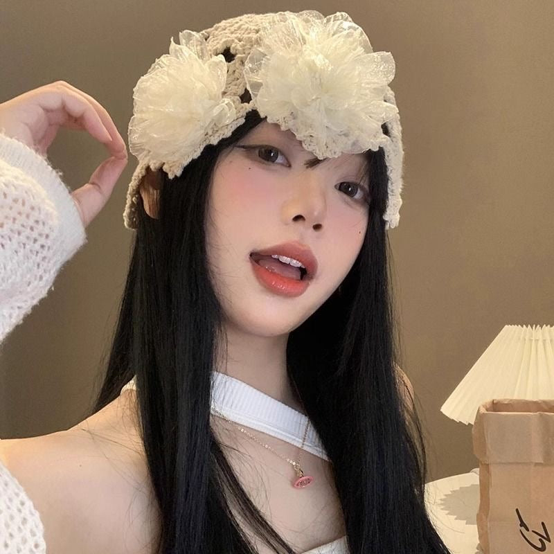 花花白云 珍珠花朵手工编织头饰帽子 Blossom Clouds Handmade Woven Headpiece Hat with Pearl Flowers