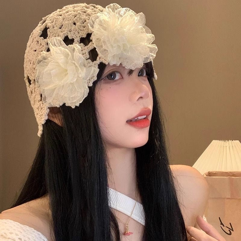 花花白云 珍珠花朵手工编织头饰帽子 Blossom Clouds Handmade Woven Headpiece Hat with Pearl Flowers