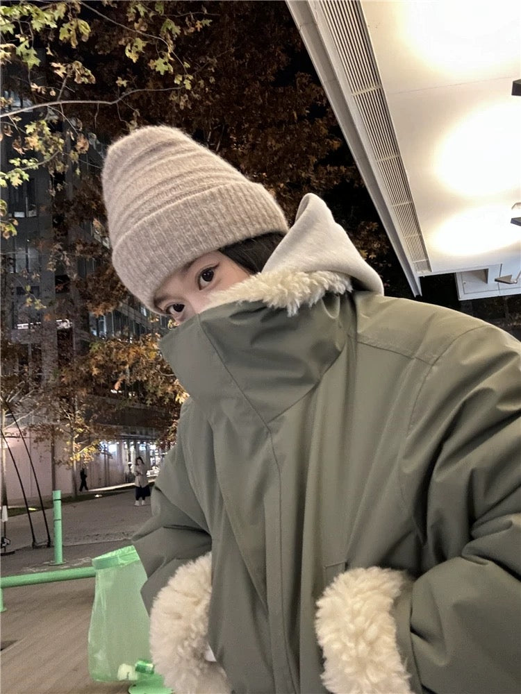 明星日记 秋冬军绿色羊羔毛冲锋衣羽绒服 Celebrity Diary Army Green Shearling-Lined Parka Down Jacket