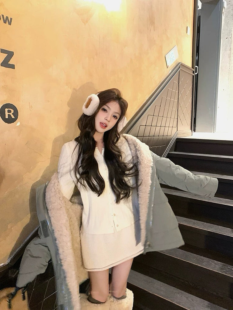 明星日记 秋冬军绿色羊羔毛冲锋衣羽绒服 Celebrity Diary Army Green Shearling-Lined Parka Down Jacket