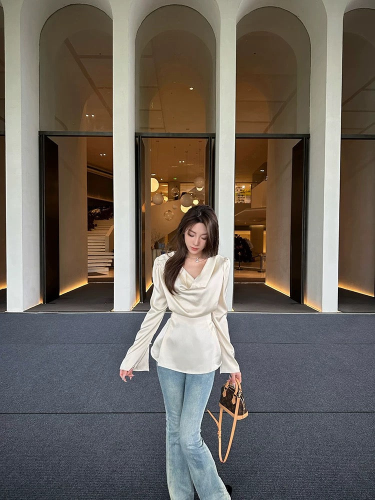 清欲香槟 荡领缎面泡泡袖衬衫上衣 Champagne Satin Cowl Neck Puff Sleeve Blouse