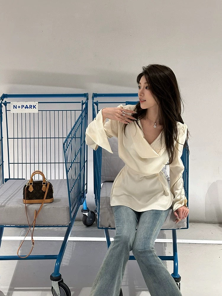 清欲香槟 荡领缎面泡泡袖衬衫上衣 Champagne Satin Cowl Neck Puff Sleeve Blouse