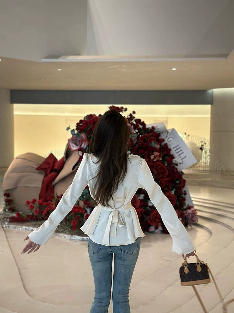 清欲香槟 荡领缎面泡泡袖衬衫上衣 Champagne Satin Cowl Neck Puff Sleeve Blouse