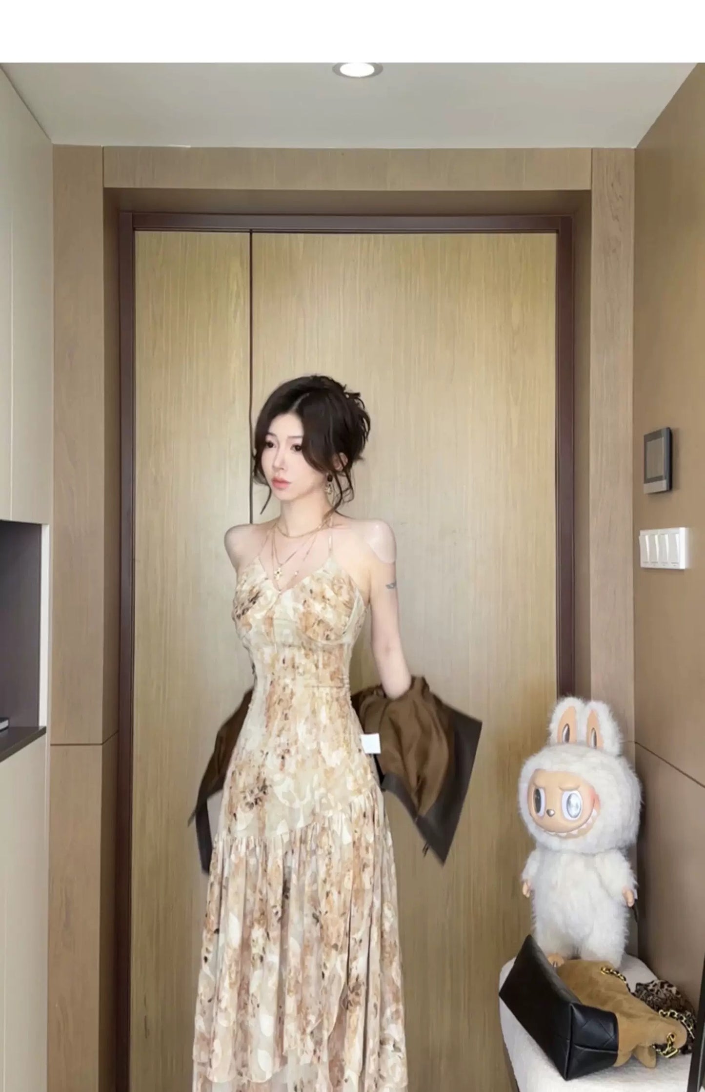 金珀花影 复古晕染碎花皮衣套装连衣裙 Golden Amber Floral Shadow Vintage Gradient Floral Faux Leather Jacket & Dress Set