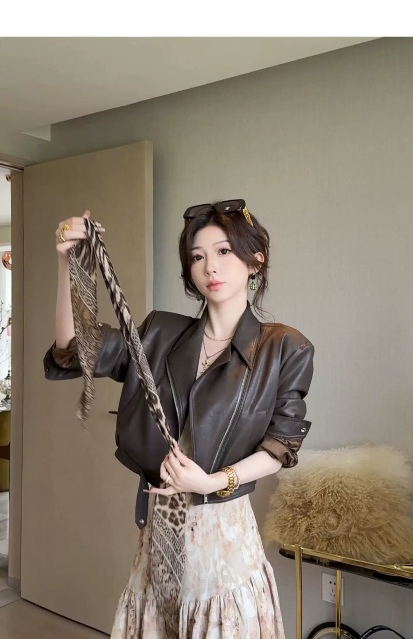 金珀花影 复古晕染碎花皮衣套装连衣裙 Golden Amber Floral Shadow Vintage Gradient Floral Faux Leather Jacket & Dress Set