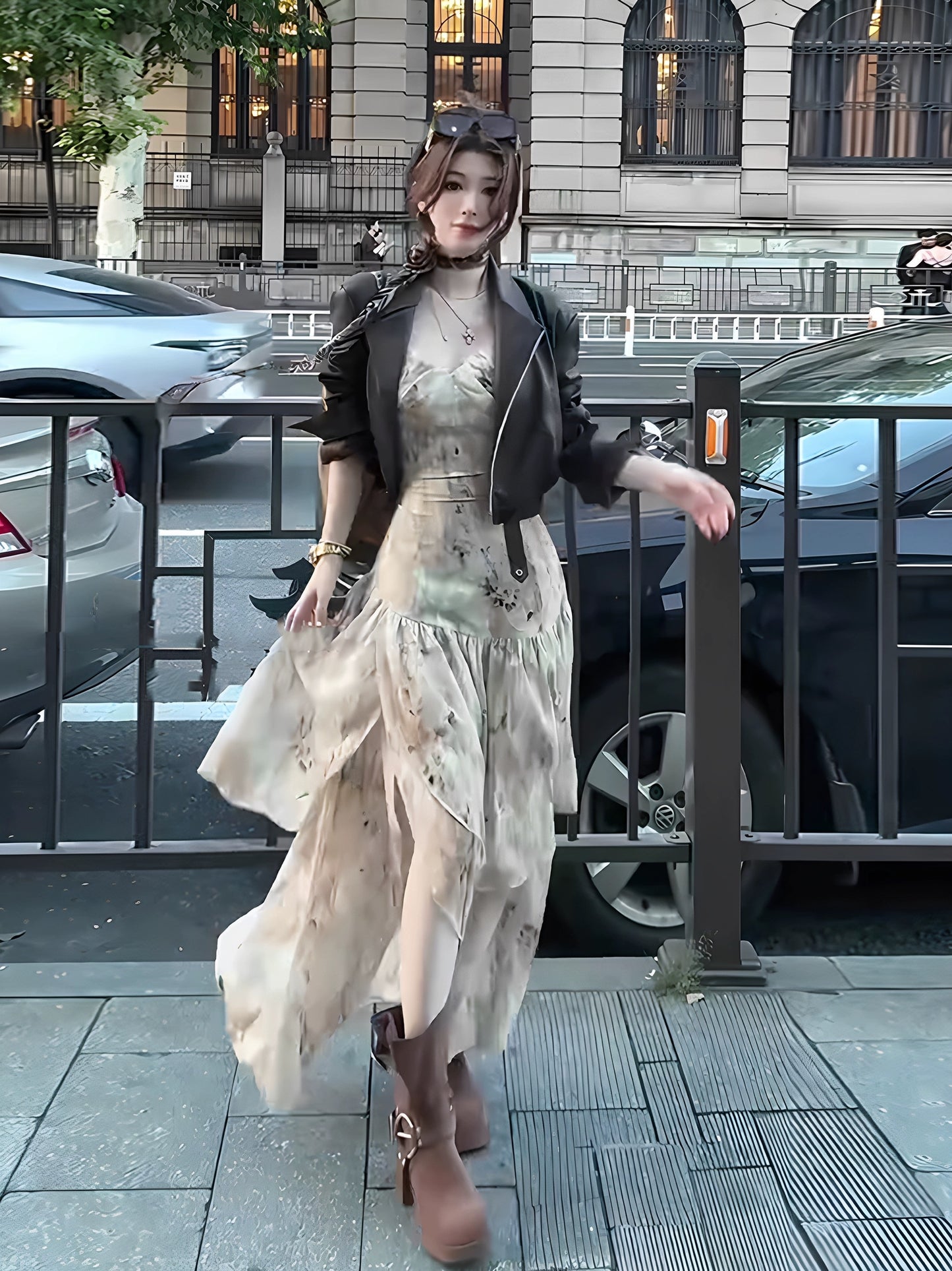 金珀花影 复古晕染碎花皮衣套装连衣裙 Golden Amber Floral Shadow Vintage Gradient Floral Faux Leather Jacket & Dress Set