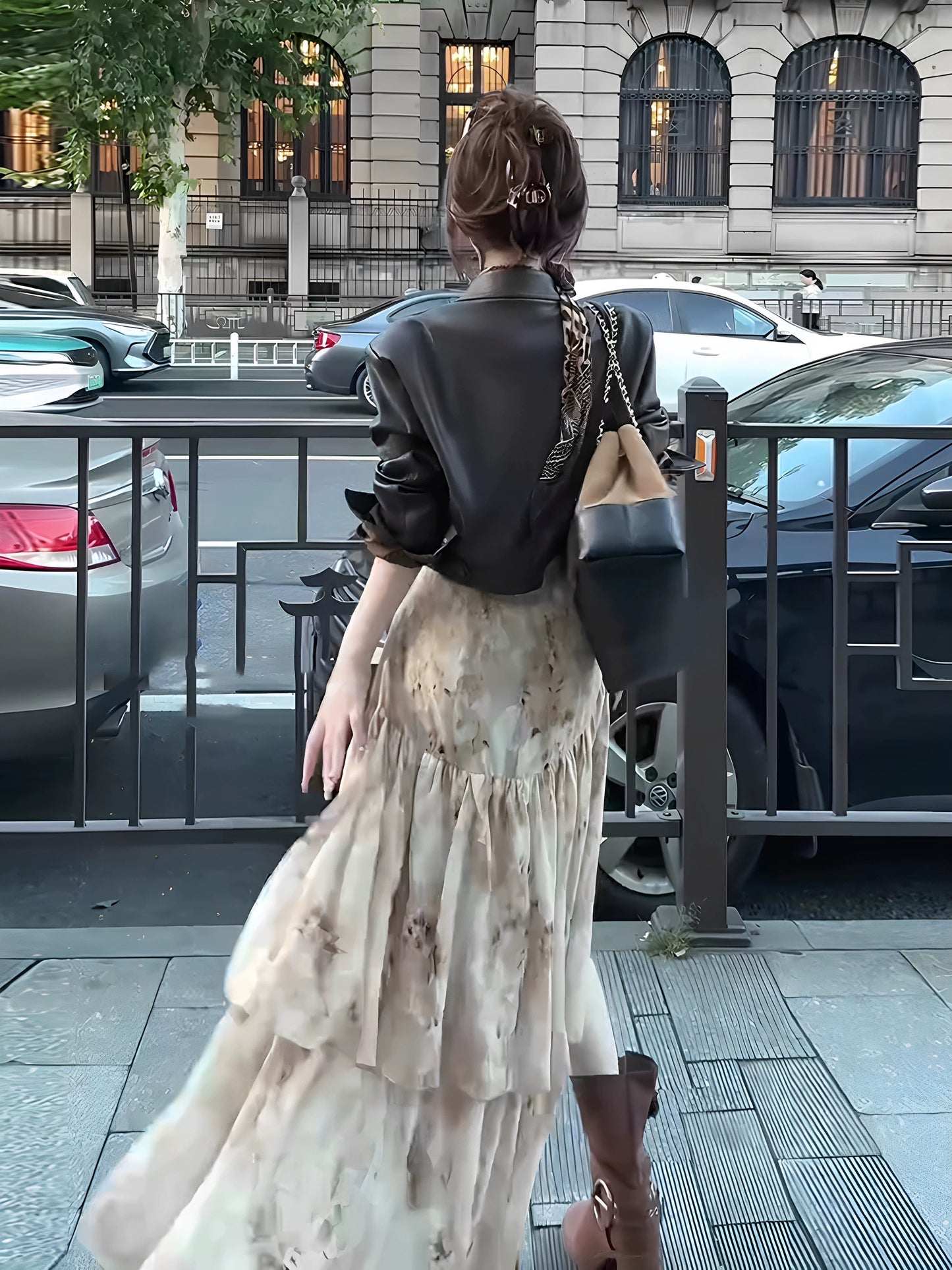 金珀花影 复古晕染碎花皮衣套装连衣裙 Golden Amber Floral Shadow Vintage Gradient Floral Faux Leather Jacket & Dress Set