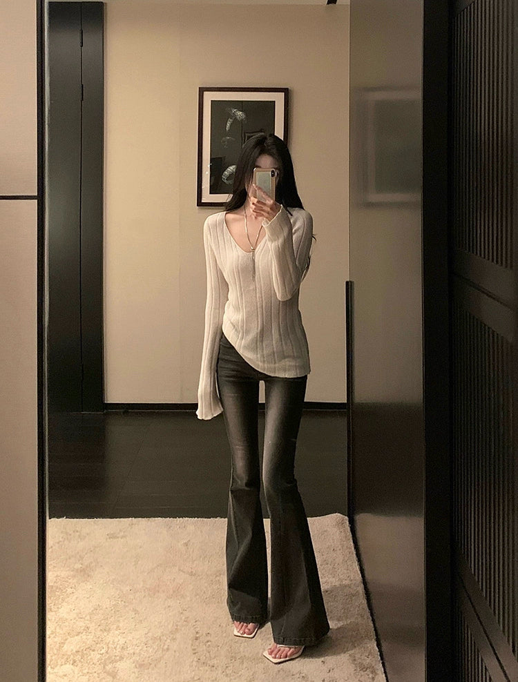 拉夏贝尔 高腰微喇蜜桃臀牛仔裤La Chapelle High-Waisted Slight Flare Peach-Shaped Hip Jeans