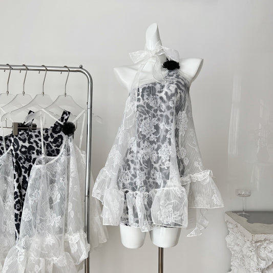 私藏信箱 蕾丝飘带罩衫豹纹连衣裙 Secret Mailbox Lace Ribbon Cover-Up Leopard Print Dress