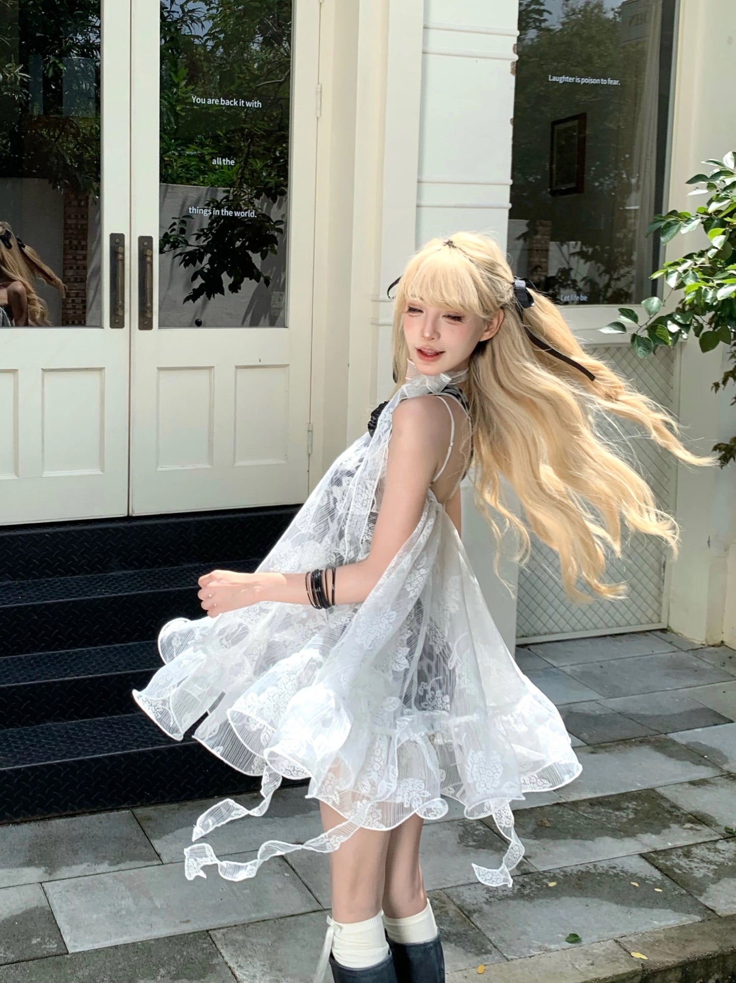 私藏信箱 蕾丝飘带罩衫豹纹连衣裙 Secret Mailbox Lace Ribbon Cover-Up Leopard Print Dress