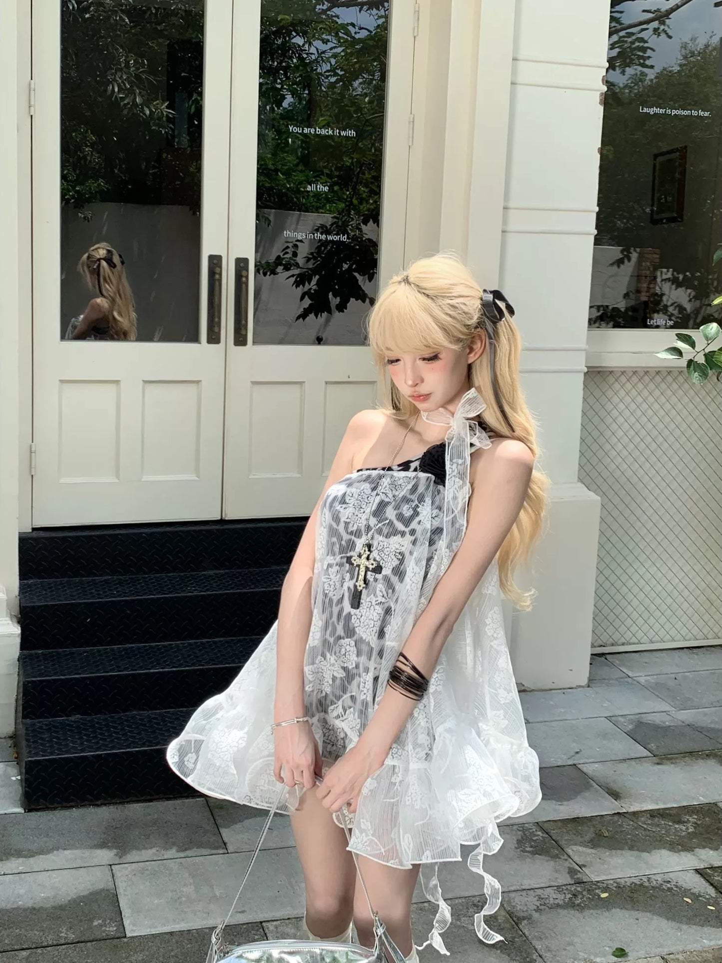 私藏信箱 蕾丝飘带罩衫豹纹连衣裙 Secret Mailbox Lace Ribbon Cover-Up Leopard Print Dress