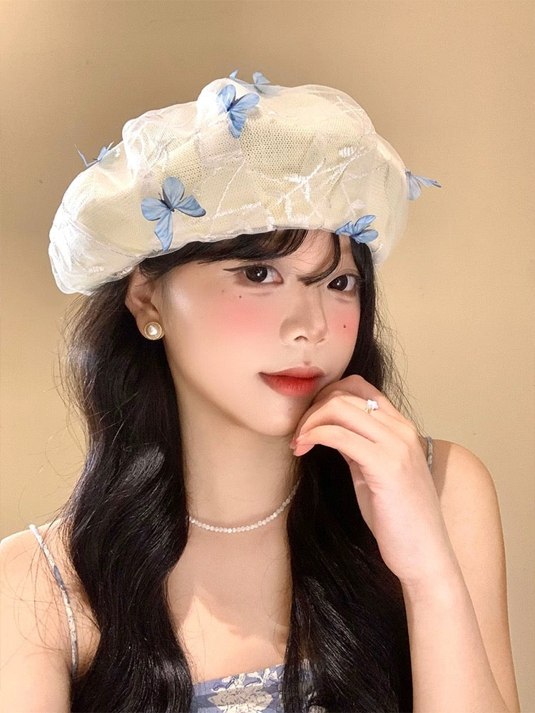 亭亭玉立 蝴蝶立体网纱贝雷帽 Graceful Beret with 3D Butterfly and Sheer Mesh Design