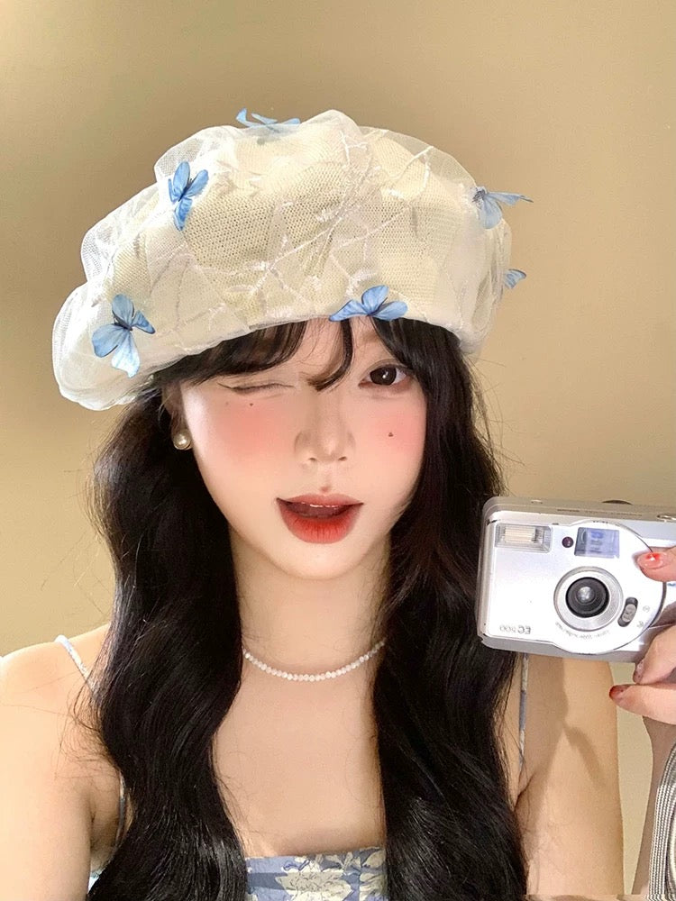 亭亭玉立 蝴蝶立体网纱贝雷帽 Graceful Beret with 3D Butterfly and Sheer Mesh Design