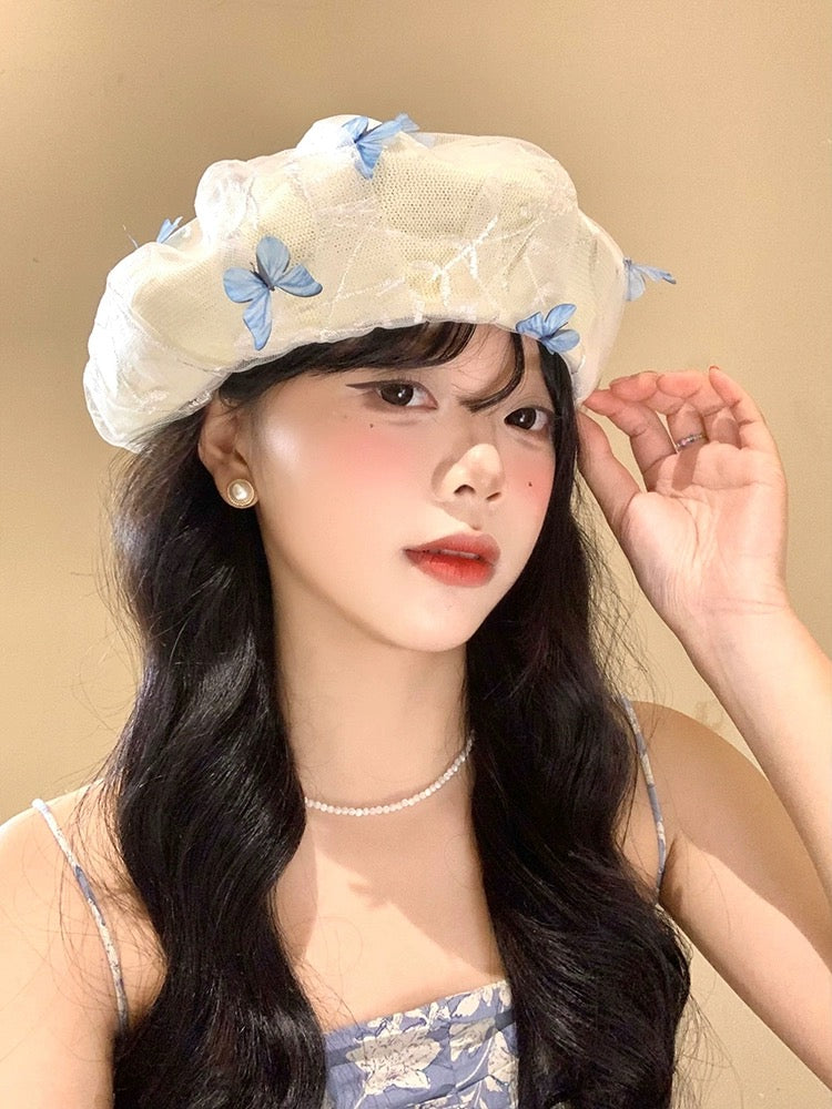 亭亭玉立 蝴蝶立体网纱贝雷帽 Graceful Beret with 3D Butterfly and Sheer Mesh Design