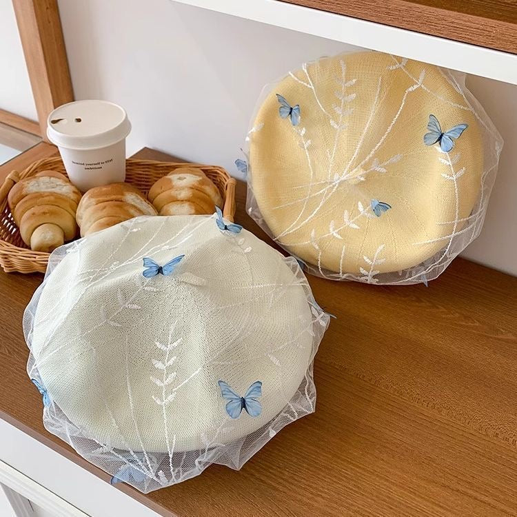 亭亭玉立 蝴蝶立体网纱贝雷帽 Graceful Beret with 3D Butterfly and Sheer Mesh Design