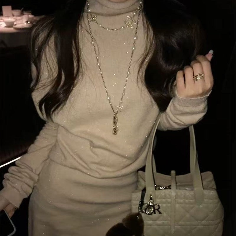 韩系千金 纯秋冬斗篷型针织连衣裙 Korean Elegant Solid Color Cape-Style Knit Dress