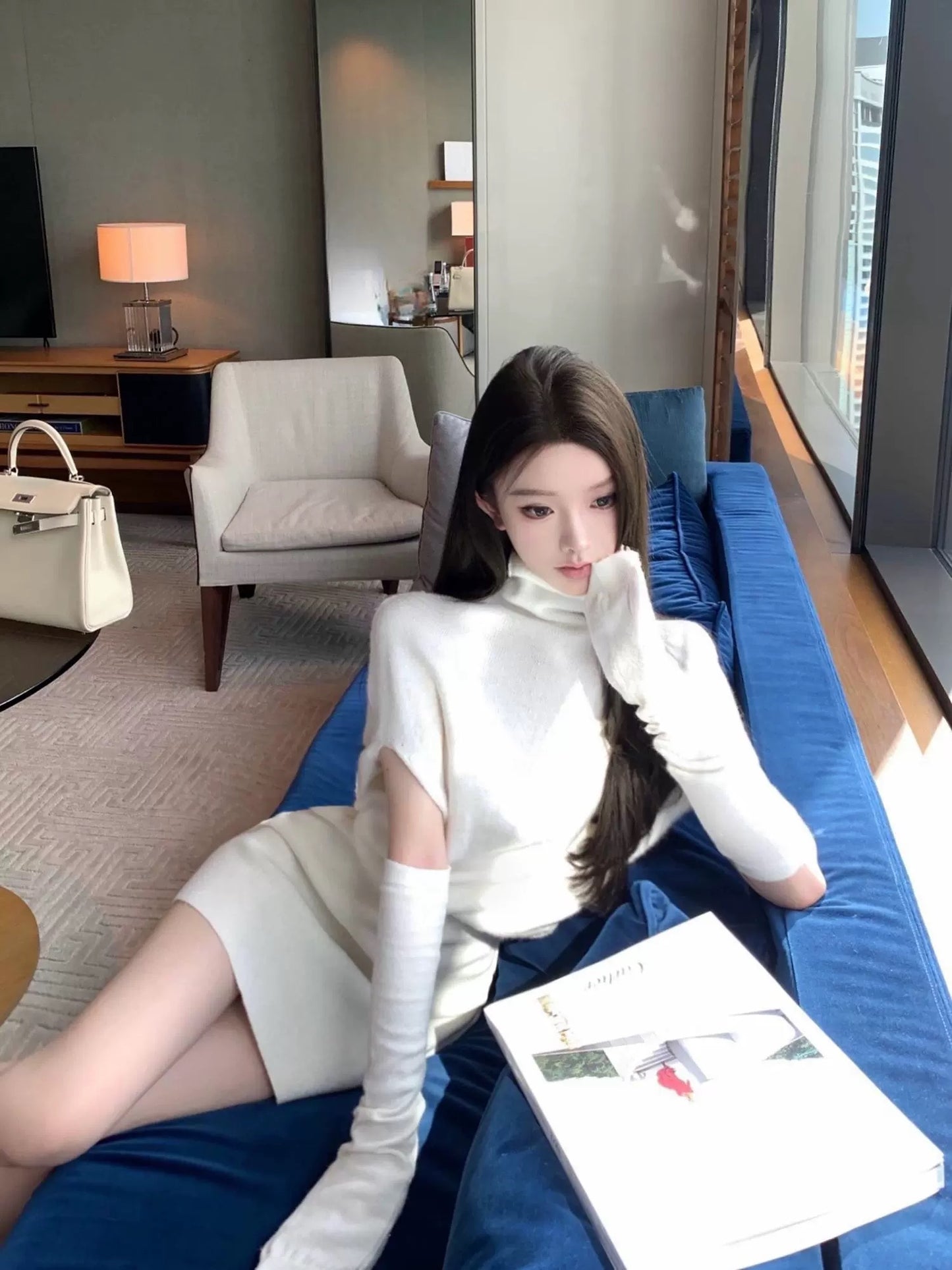 韩系千金 纯秋冬斗篷型针织连衣裙 Korean Elegant Solid Color Cape-Style Knit Dress