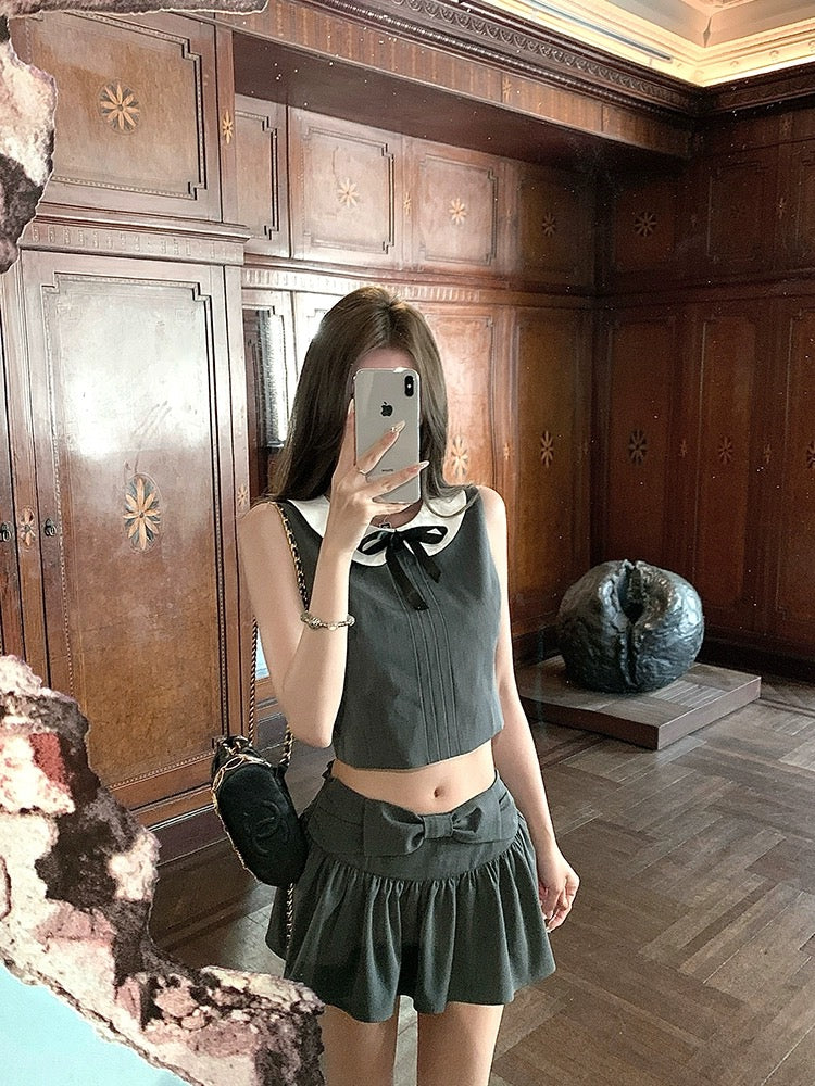 miu系甜菜 学院风马甲半裙套装 Miu-Style Sweet Girl Preppy Vest and Skirt Set