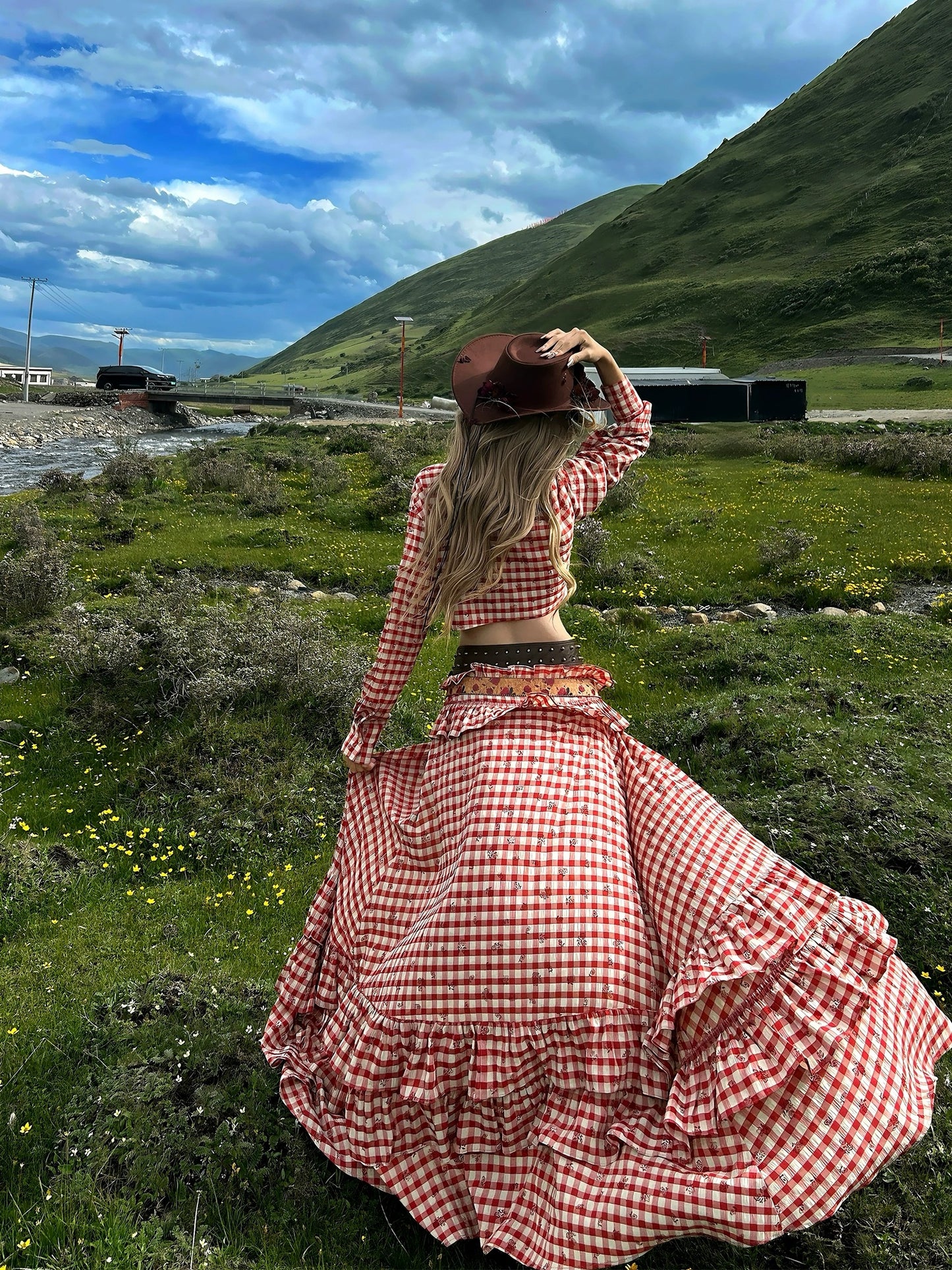 红格猎手 大裙摆红格裙印花套装 Red Plaid Hunter Flared Skirt Print Set