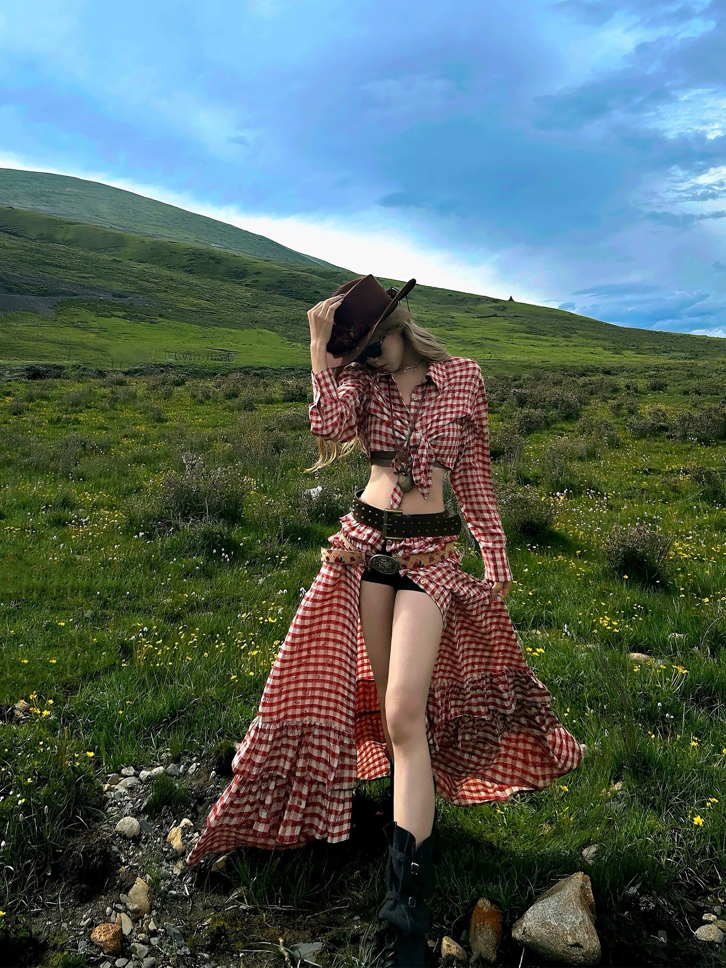 红格猎手 大裙摆红格裙印花套装 Red Plaid Hunter Flared Skirt Print Set