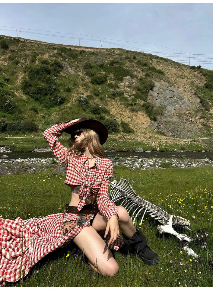 红格猎手 大裙摆红格裙印花套装 Red Plaid Hunter Flared Skirt Print Set