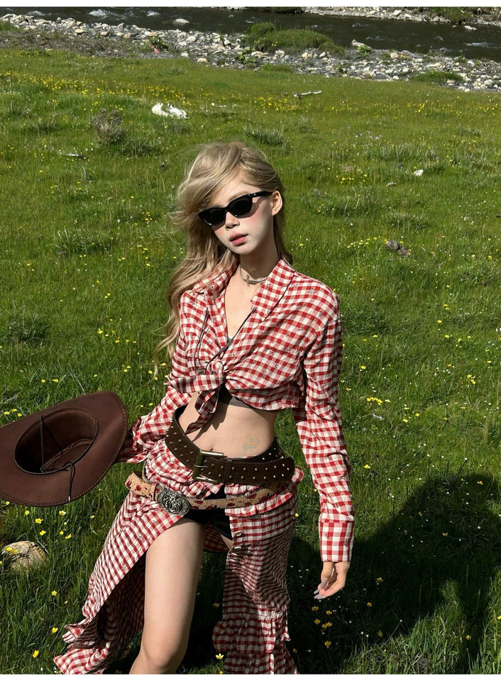 红格猎手 大裙摆红格裙印花套装 Red Plaid Hunter Flared Skirt Print Set
