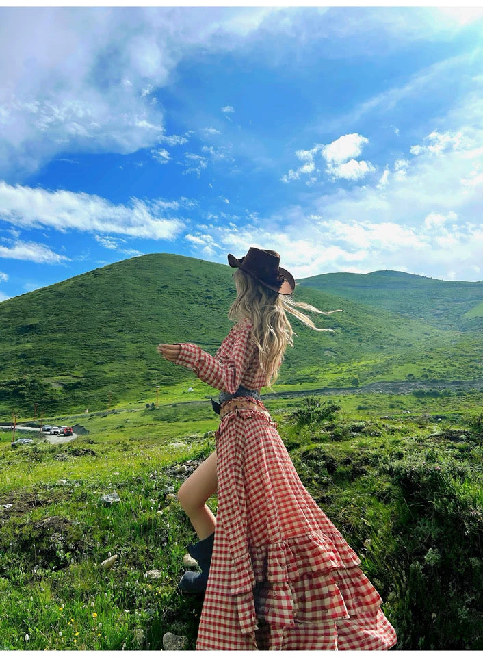 红格猎手 大裙摆红格裙印花套装 Red Plaid Hunter Flared Skirt Print Set