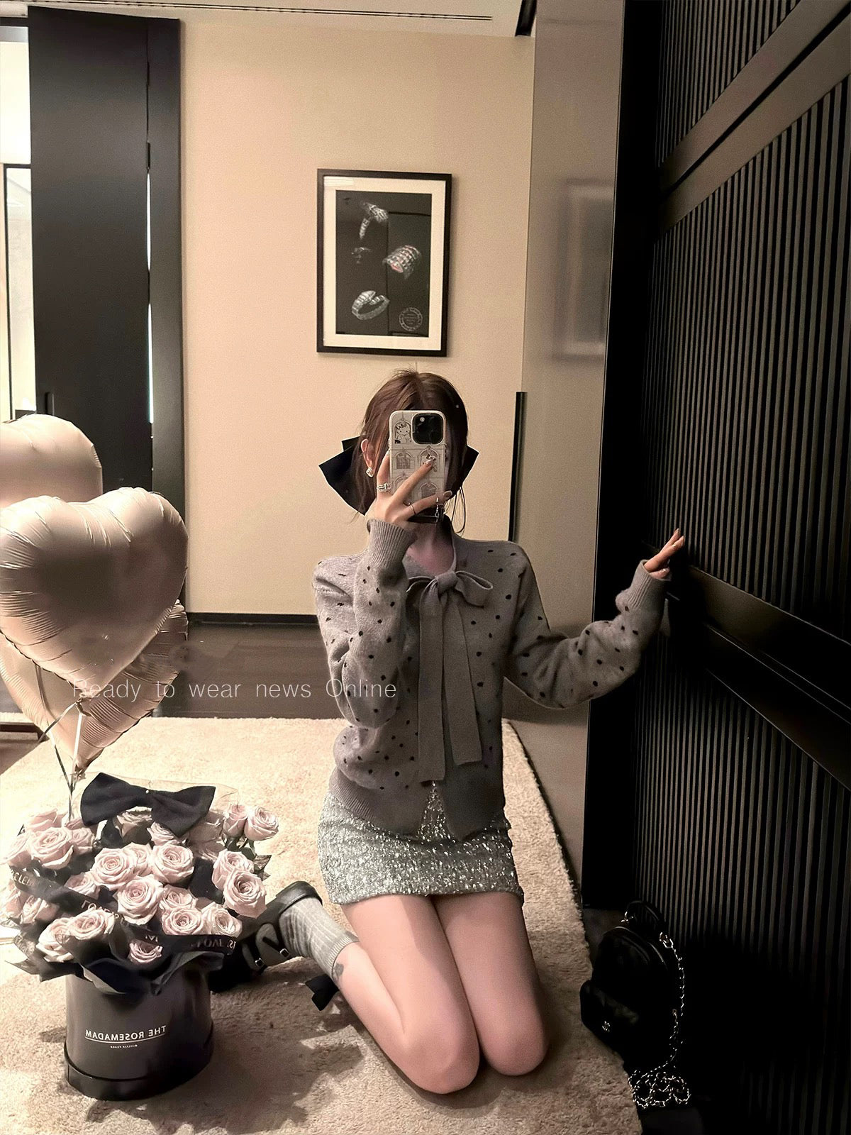 俏皮波妞 蝴蝶结灰色波点针织上衣 Playful Ponyo Bow Gray Polka Dot Knit Top