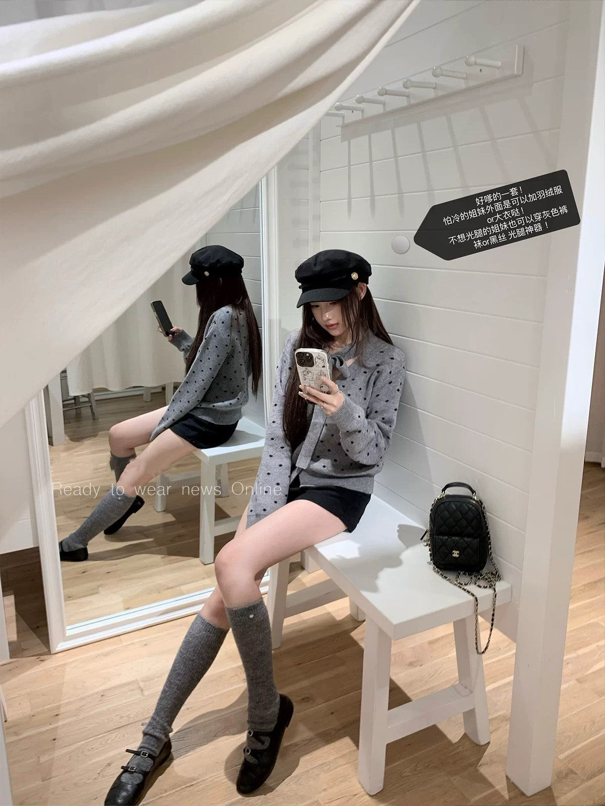 俏皮波妞 蝴蝶结灰色波点针织上衣 Playful Ponyo Bow Gray Polka Dot Knit Top