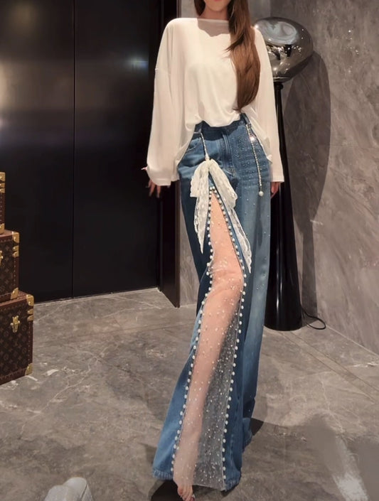 明玉纱依 亮钻珍珠高腰牛仔裤 Mingyu Shayi High-Waisted Jeans with Rhinestones and Pearl Embellishments