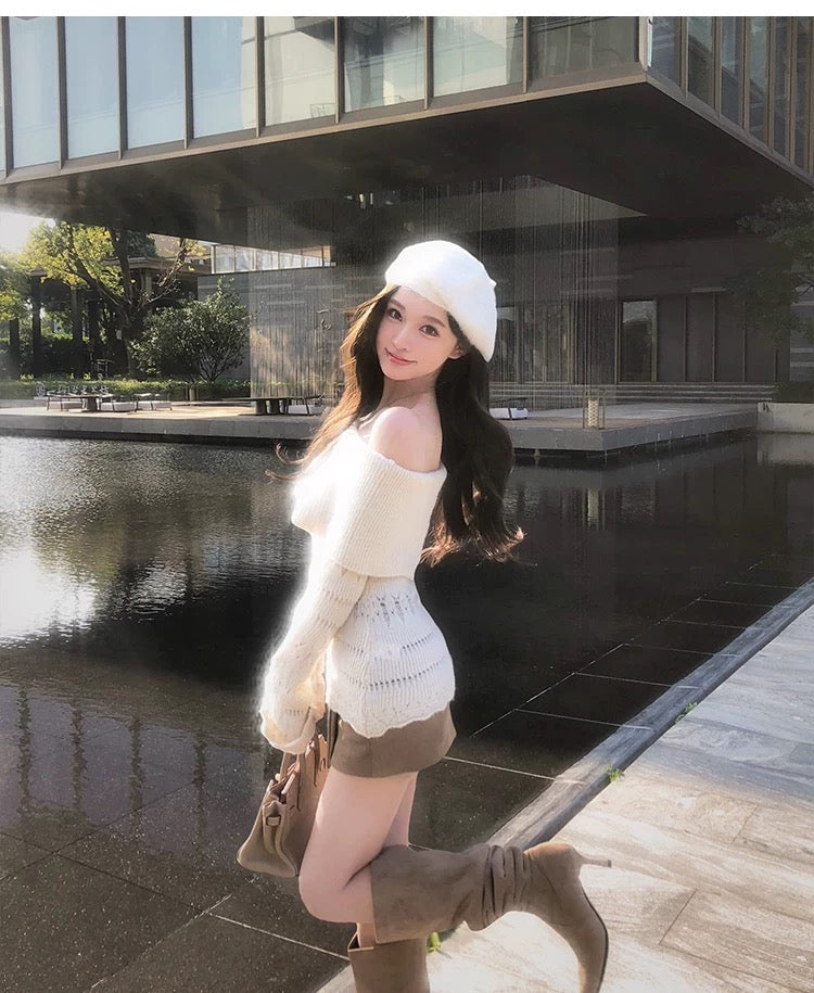 南法假日 一字领镂空针织上衣 South of France Holiday Off-Shoulder Cutout Knit Top