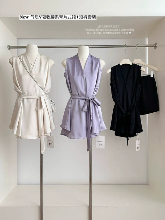 都市名媛 系带衬衣高腰短裤套装 Urban Socialite Tie-Front Shirt and High-Waisted Shorts Set