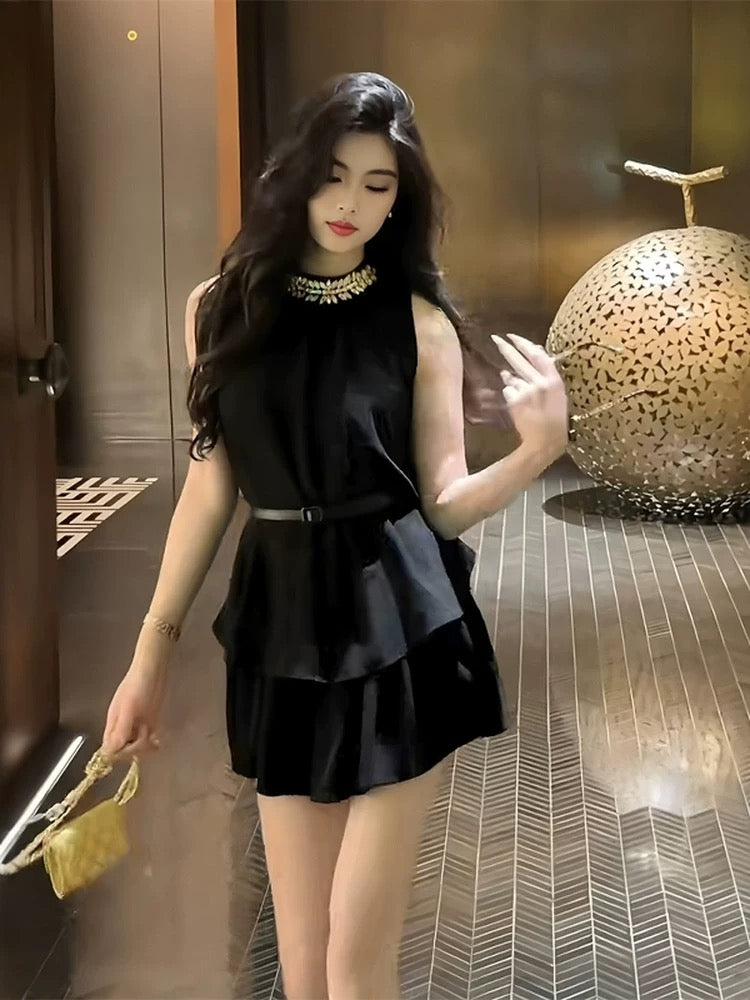 黑色魔法 法式闪钻重工挂脖套装 Black Magic French Rhinestone Halter Neck Set