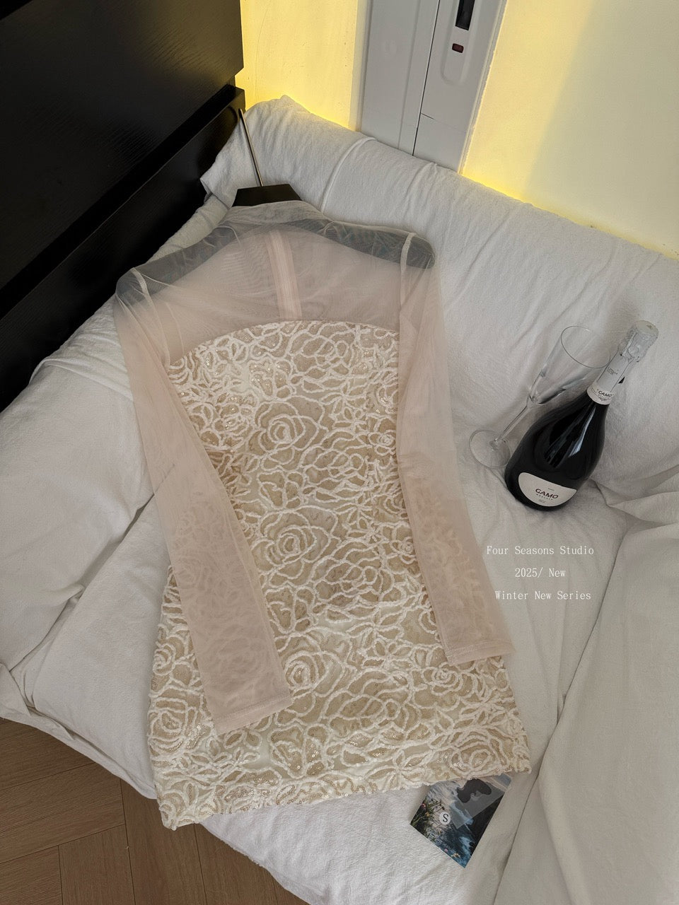 杏色玫瑰 亮片抹胸裙网纱连衣裙 Apricot Rose Sequin Strapless Tulle Dress
