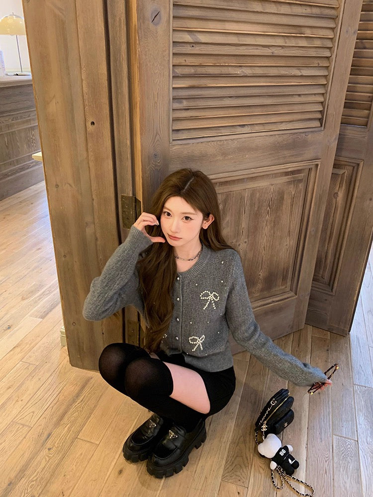 雪暖花开 蝴蝶结秋冬长袖针织开衫上衣 Snow-Warm Blossoms Bow-Knot Knit Cardigan – Long Sleeve Winter/Fall Sweater