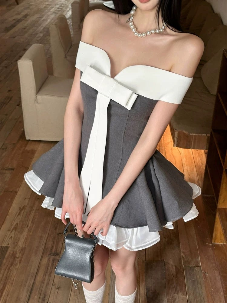 格雷系蝶 撞色一字肩抹胸连衣裙 Gray-Toned Butterfly Color-Block Off-Shoulder Strapless Dress
