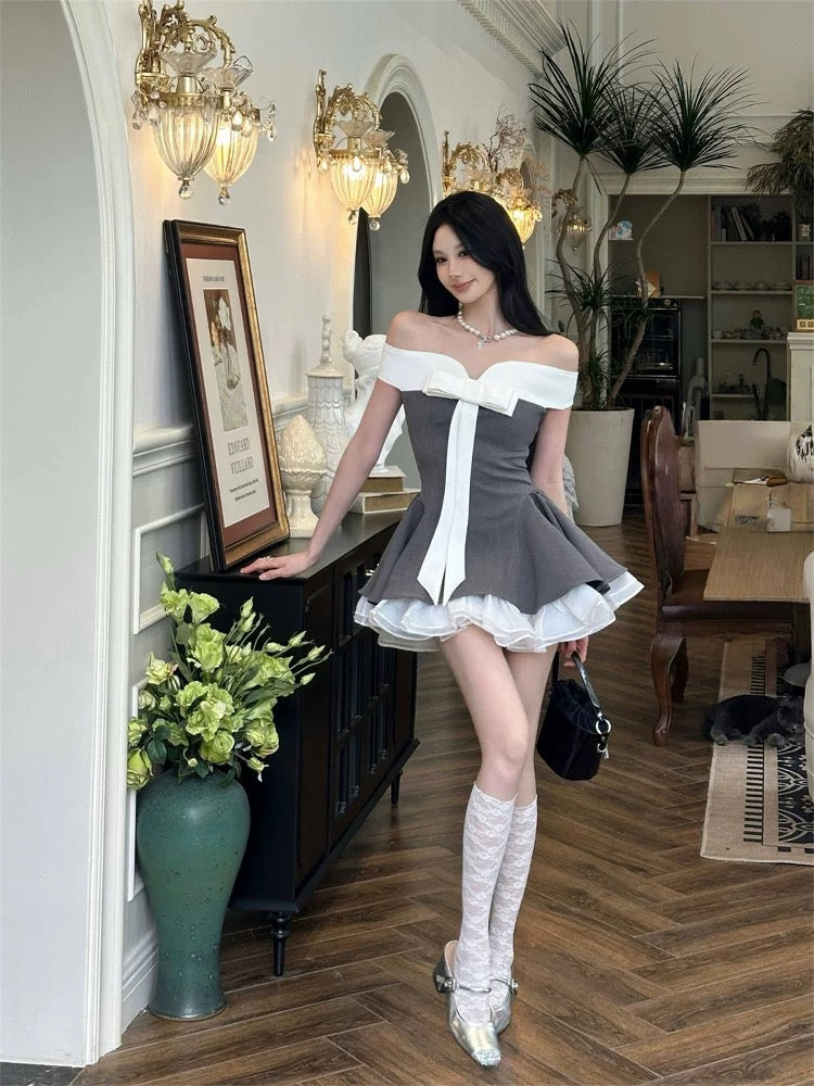 格雷系蝶 撞色一字肩抹胸连衣裙 Gray-Toned Butterfly Color-Block Off-Shoulder Strapless Dress