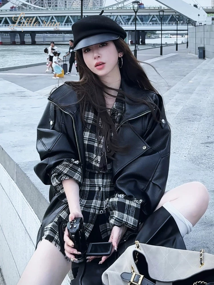 黑咖炭格 复古秋冬慵懒风格子衬衫 Black & Coffee Plaid Vintage Relaxed-Fit Shirt
