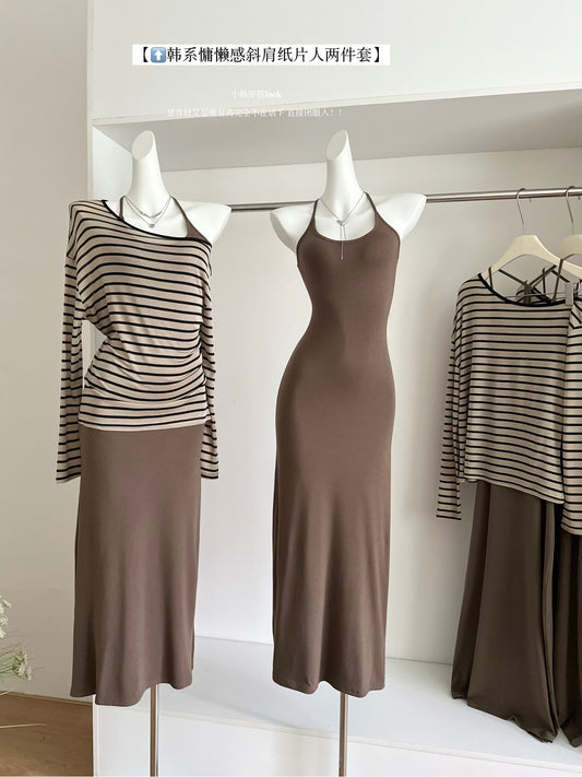 莱赛尔条纹 秋冬上衣吊带连衣裙套装 Lyocell Striped Off-Shoulder Top & Cami Dress Set