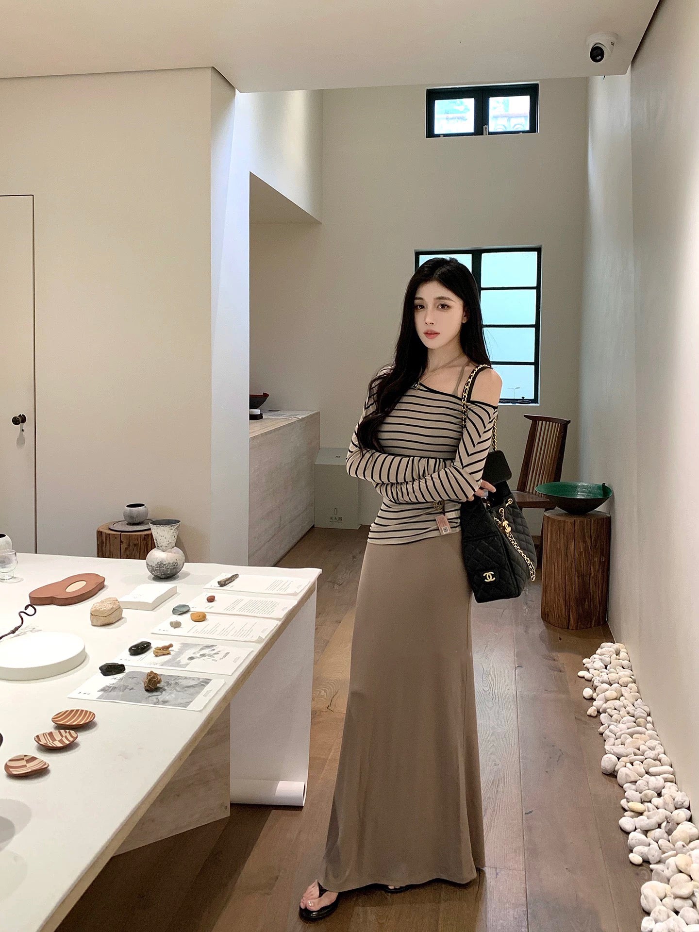 莱赛尔条纹 秋冬上衣吊带连衣裙套装 Lyocell Striped Off-Shoulder Top & Cami Dress Set