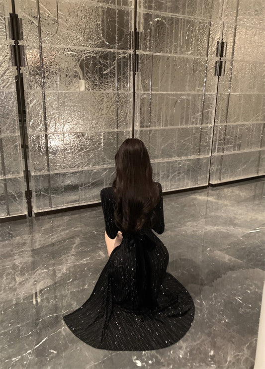 Nightfall Elegance · Crystal-Embellished Slit Black Dress