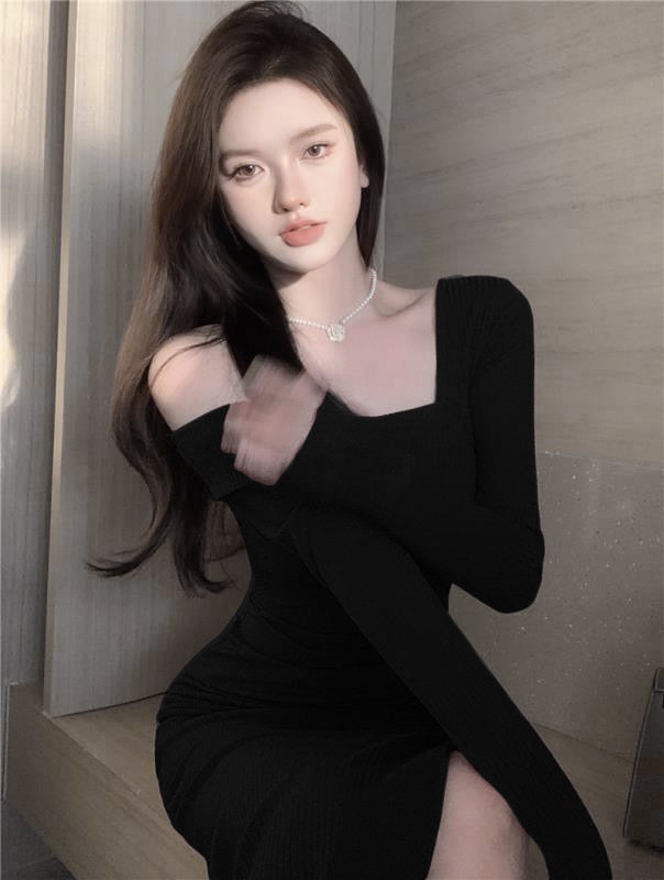 Twilight Jade · Off-Shoulder Long-Sleeve Knit Dress - Black