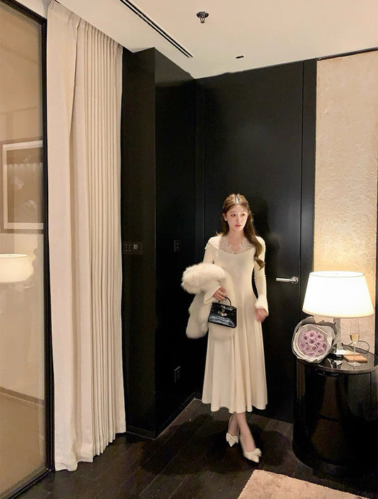 French Softness · Lace Knit White Inner Dress - Short