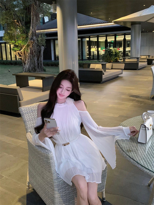 冰山雪莲 露肩雪纺连衣裙 Iceberg Snow Lotus Off-Shoulder Chiffon Dress