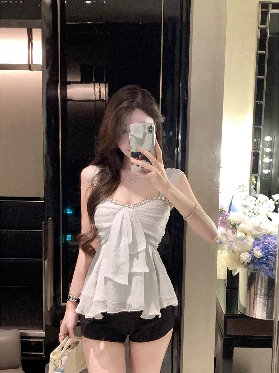 星河派对 气质雪纺镶钻上衣 Galaxy Party Elegant Chiffon Rhinestone Blouse