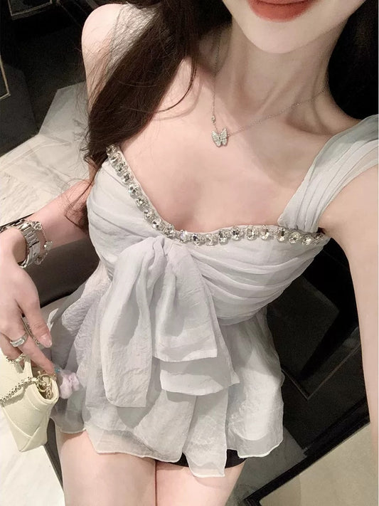 星河派对 气质雪纺镶钻上衣 Galaxy Party Elegant Chiffon Rhinestone Blouse