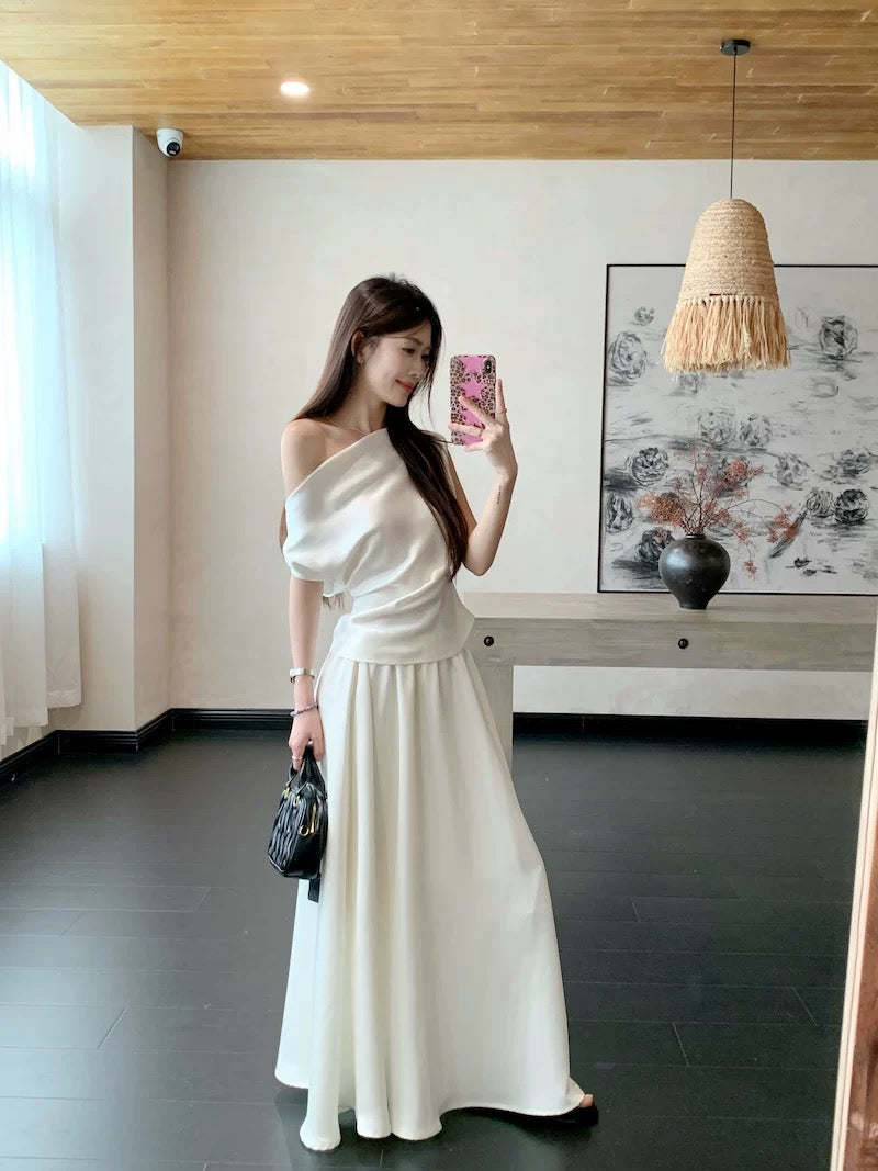 娜露可可 露肩短袖a字长裙套装 Naruko Coco off-shoulder short-sleeve A-line dress set