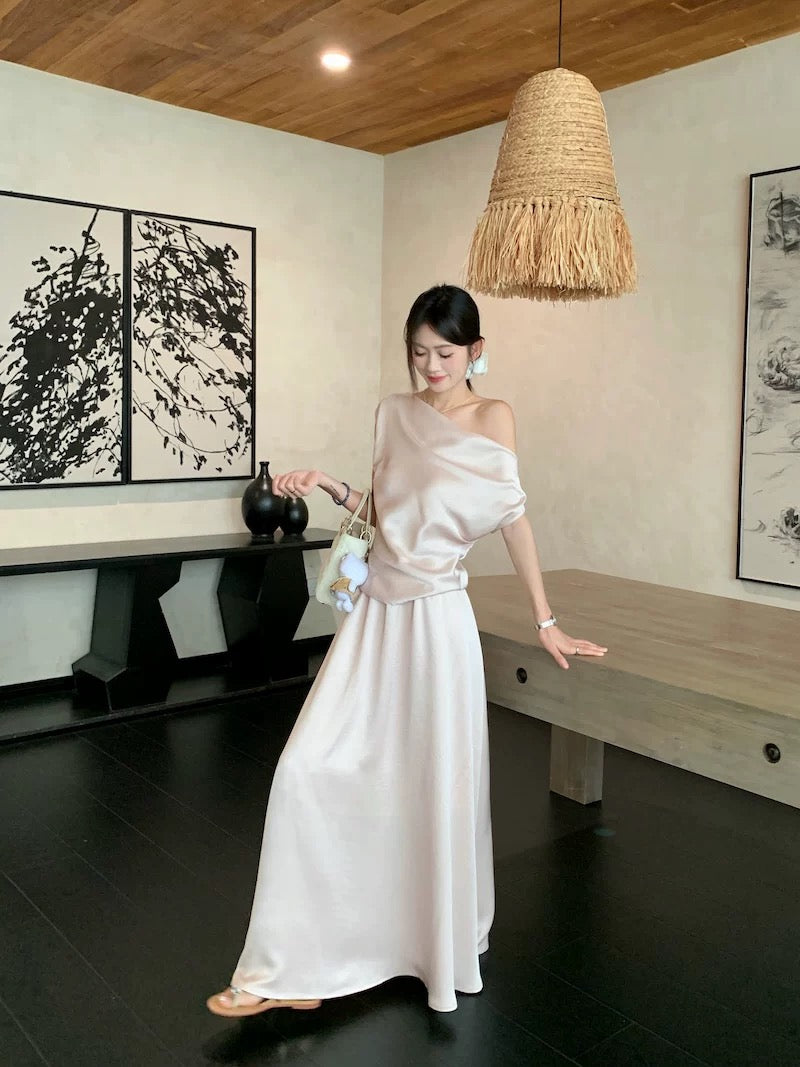 娜露可可 露肩短袖a字长裙套装 Naruko Coco off-shoulder short-sleeve A-line dress set